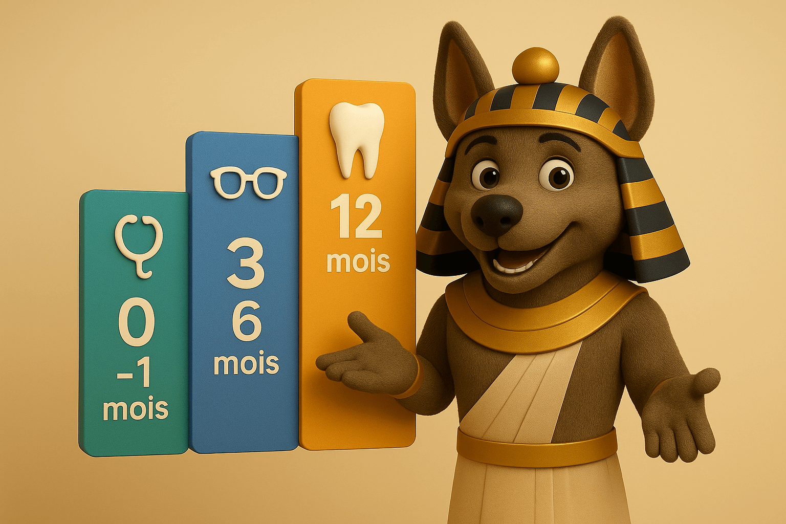 Comparaison des délais de carence mutuelle par garantie : soins courants 0-1 mois, optique 3-6 mois, dentaire 6-12 mois, audioprothèses 12 mois