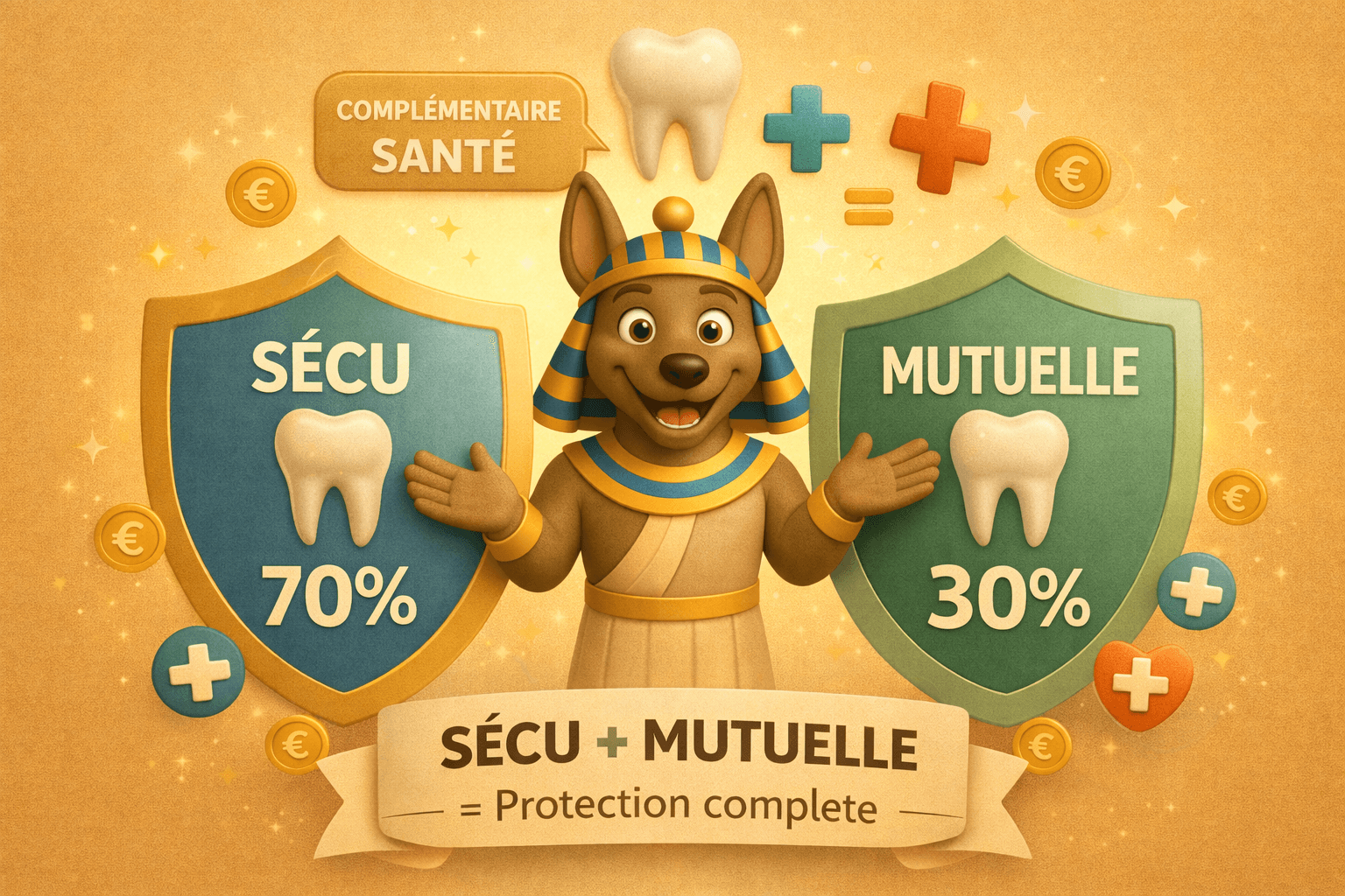 Schéma remboursement mutuelle dentaire : Sécurité sociale 60% + mutuelle 40% = 100% Santé zéro reste à charge