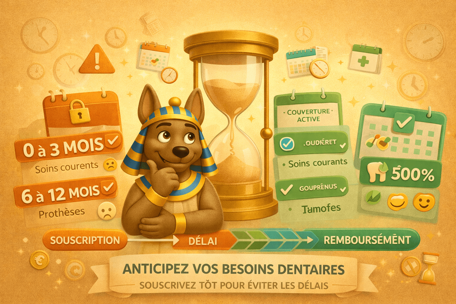 Délais de carence mutuelle dentaire senior : 1 à 3 mois soins courants, 6 à 12 mois prothèses et implants dentaires