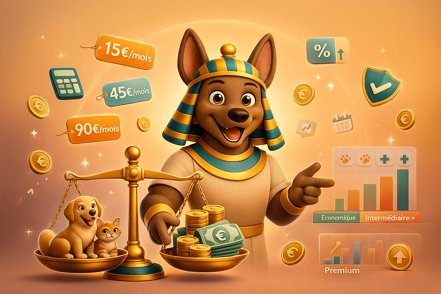 Heka présentant les prix d'assurance animaux avec balance, chien, chat et symboles euro